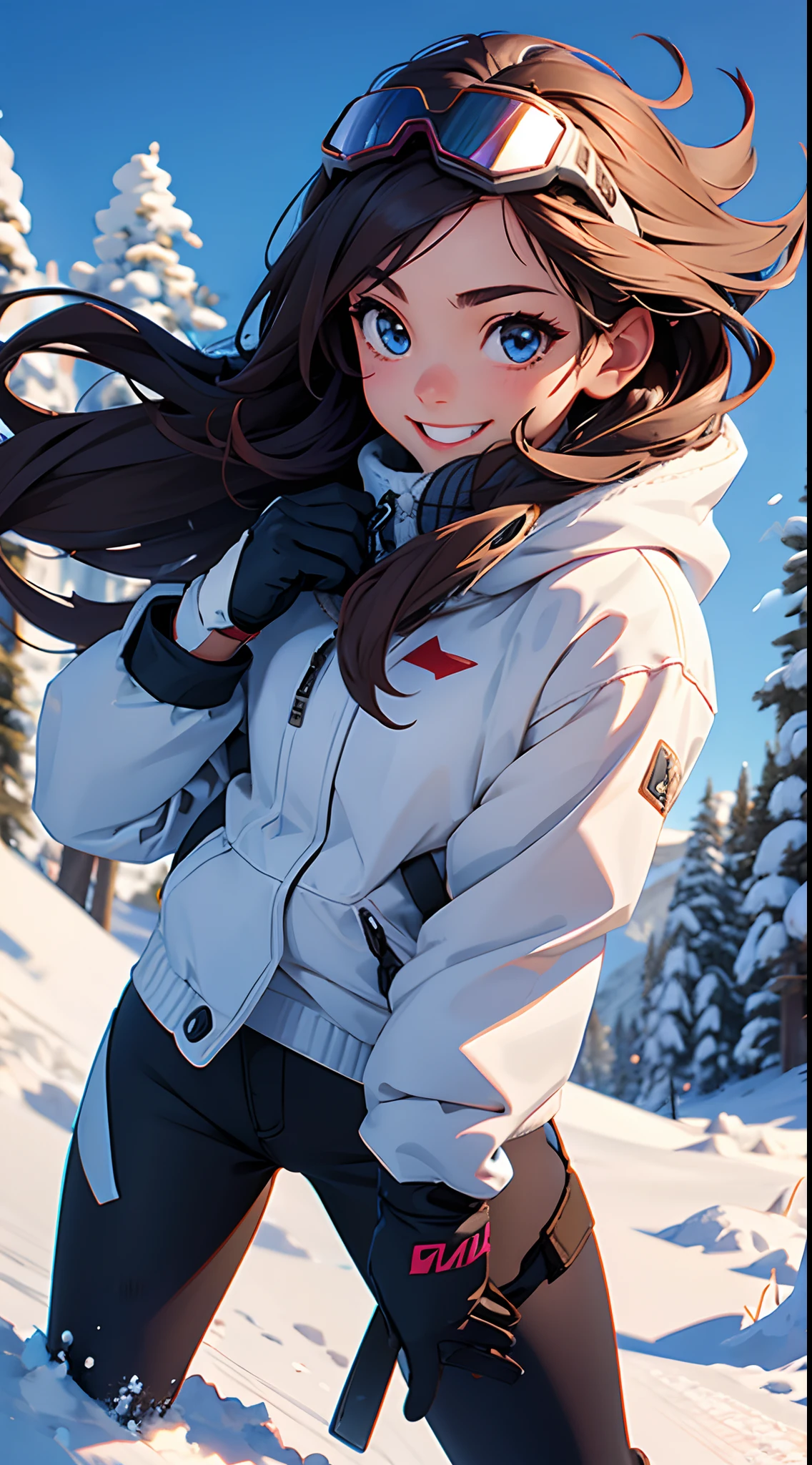 Female, young, mountain,snow, sweater, gloves ,blowing wind, flowing hair, smiling, skiing goggles