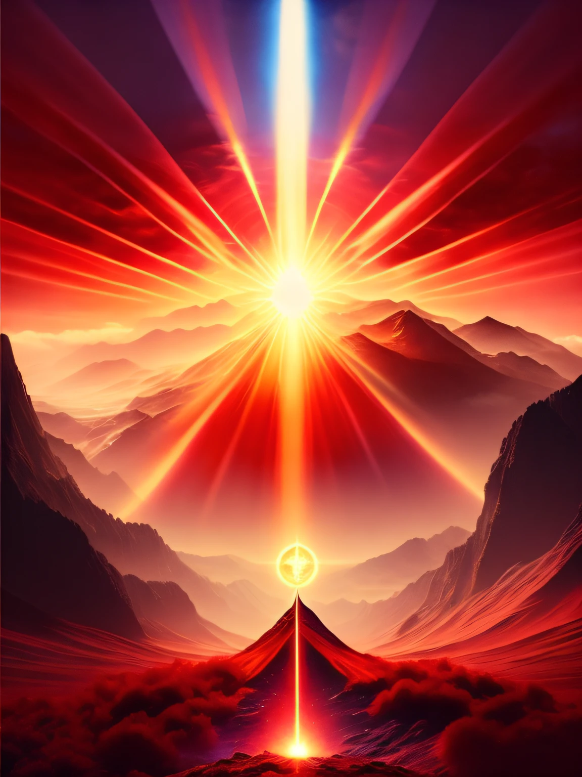 Best quality, masterpiece, ultra high res, (photorealistic:1.4), raw photo,Land of Heavens, mountains illuminated by a fire, fire descending and ahead a to Lord of the Rings, Sauron, fantasy, red tones, T-shirt design, midjourney, vector art, hydro74, solar flares, halo effects, suite, cinematic lighting, serene bliss, diffused light, daylight, god rays, sun rays, chromatic abberation, caustics