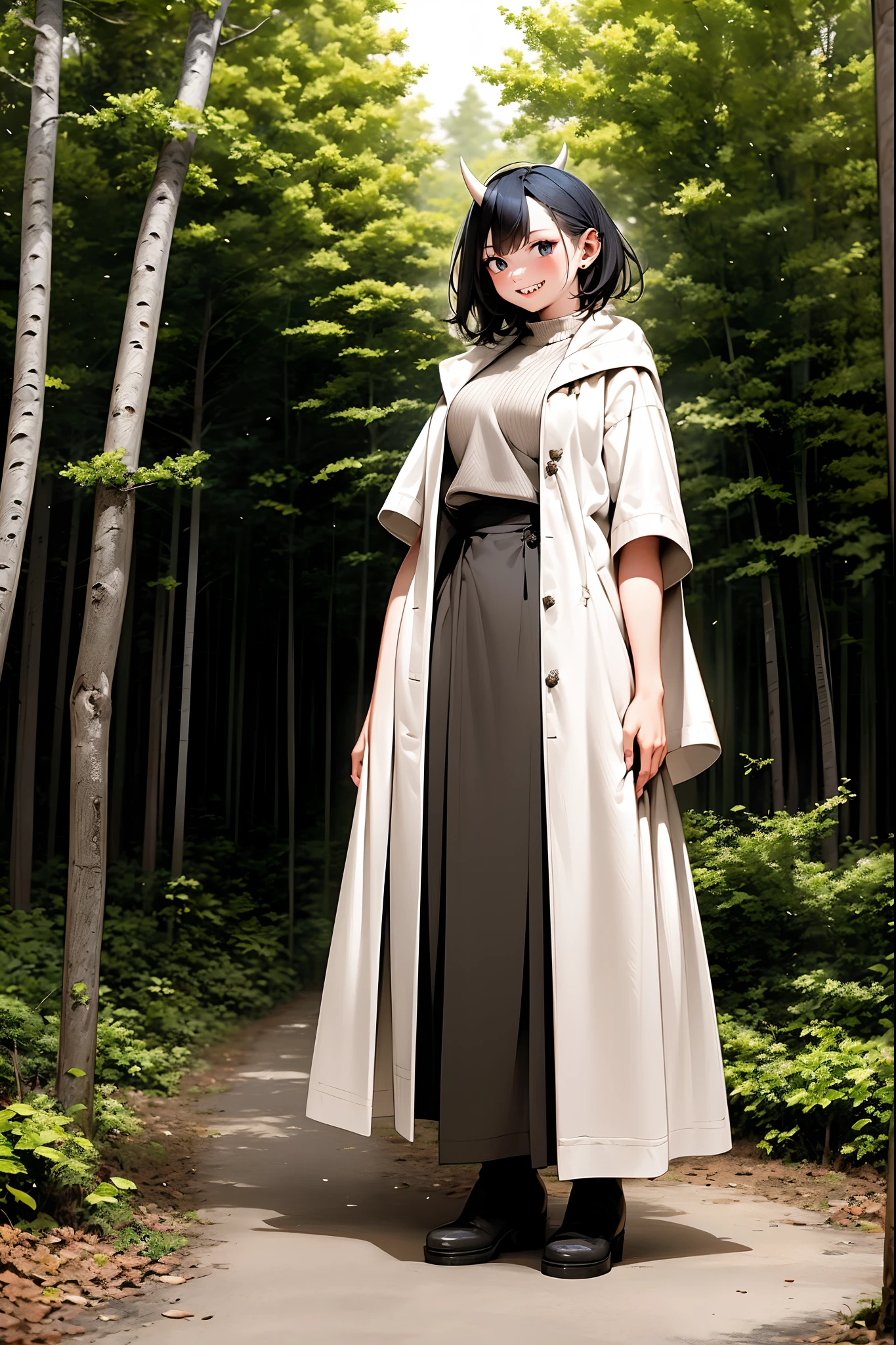 short hair, youngirl,black hair, vest, pullover, dragon horns, sharpteeth, standing, smile, full body , boots, long skirt, winter dress,, forest, woman-medieval-clothes, horns