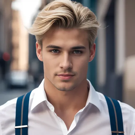 Boy with blonde hair and blue shirt standing in a narrow alley, rapaz ...