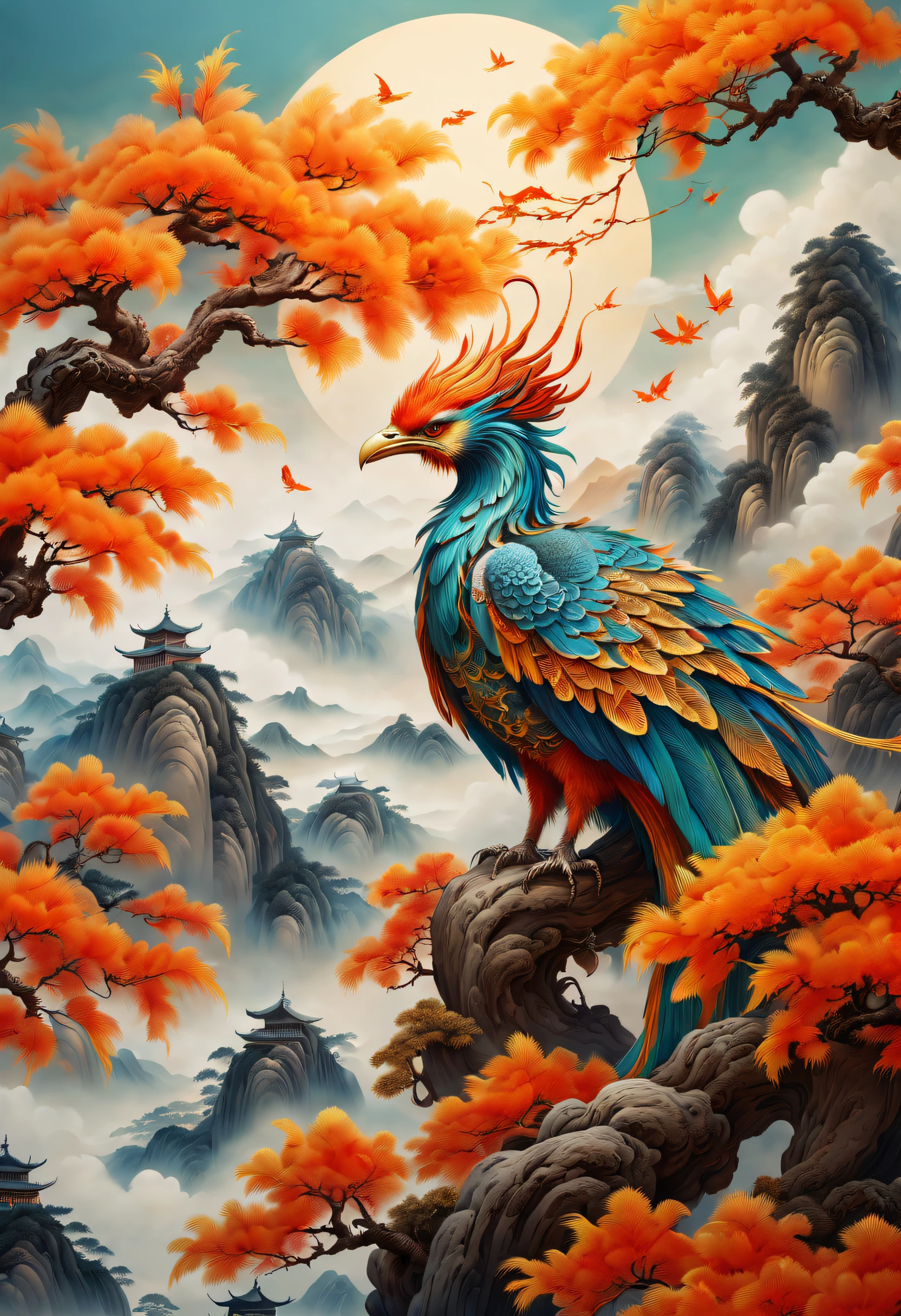古代中国の絵画，プラタナスの木に輝くフェニックスがあります，空想的な，4K高品質でリアル，山脈， リオス，縁起の良い雲，羽は着色されています，眩しい，ロングテールはカラフルな色を帯びています， スーパーディテール， 壮大な構成， ハイパーHD， 高品質， 非常に詳細な， 公式アート， ユニティ8k壁紙， スーパーディテール， 32K