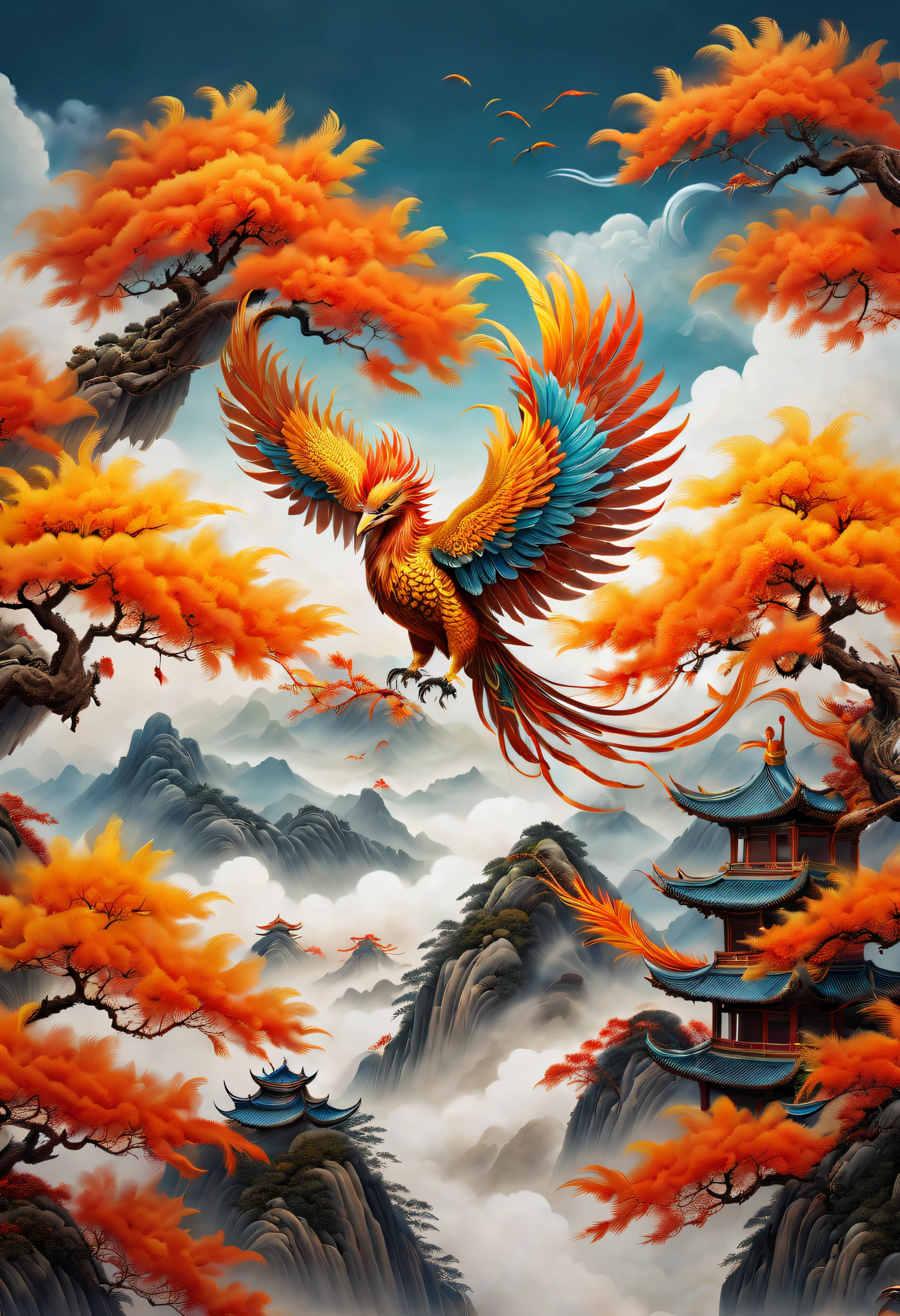 Une peinture chinoise ancienne，Il y a des phénix lumineux sur les platanes，fantaisiste，4K de haute qualité et réaliste，chaînes de montagnes， Rios，Nuages de bon augure，Les plumes sont colorées，éblouissant，La longue queue prend des couleurs colorées， super détails， composition épique， hyper HD， haute qualité， extrêmement détaillé， art officiel， unité 8k fond d&#39;écran， super détails， 32k