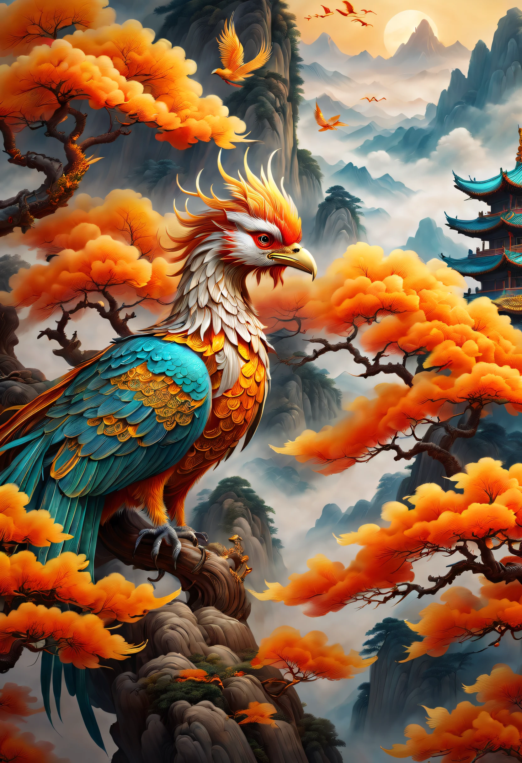 An ancient Chinese painting，There are glowing phoenixes on plane trees，fanciful，4K high quality and lifelike，mountain ranges， rios，Auspicious clouds，The feathers are colored，Dazzling，The long tail takes on colorful colors， super detailing， Epic composition， hyper HD， high qulity， extremely detaile， offcial art， 统一 8k 壁纸， super detailing， 32K