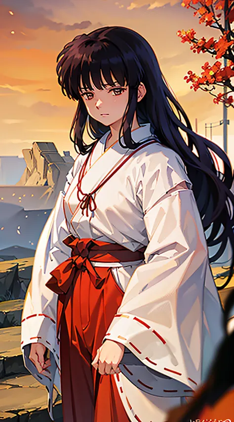 masterpiece, best quality, a close photo of Kikyo, 1 girl, solo, standing, brown eyes, long hair, red hakama and white kimono, looking_at_viewer, expressionless, upper_body,