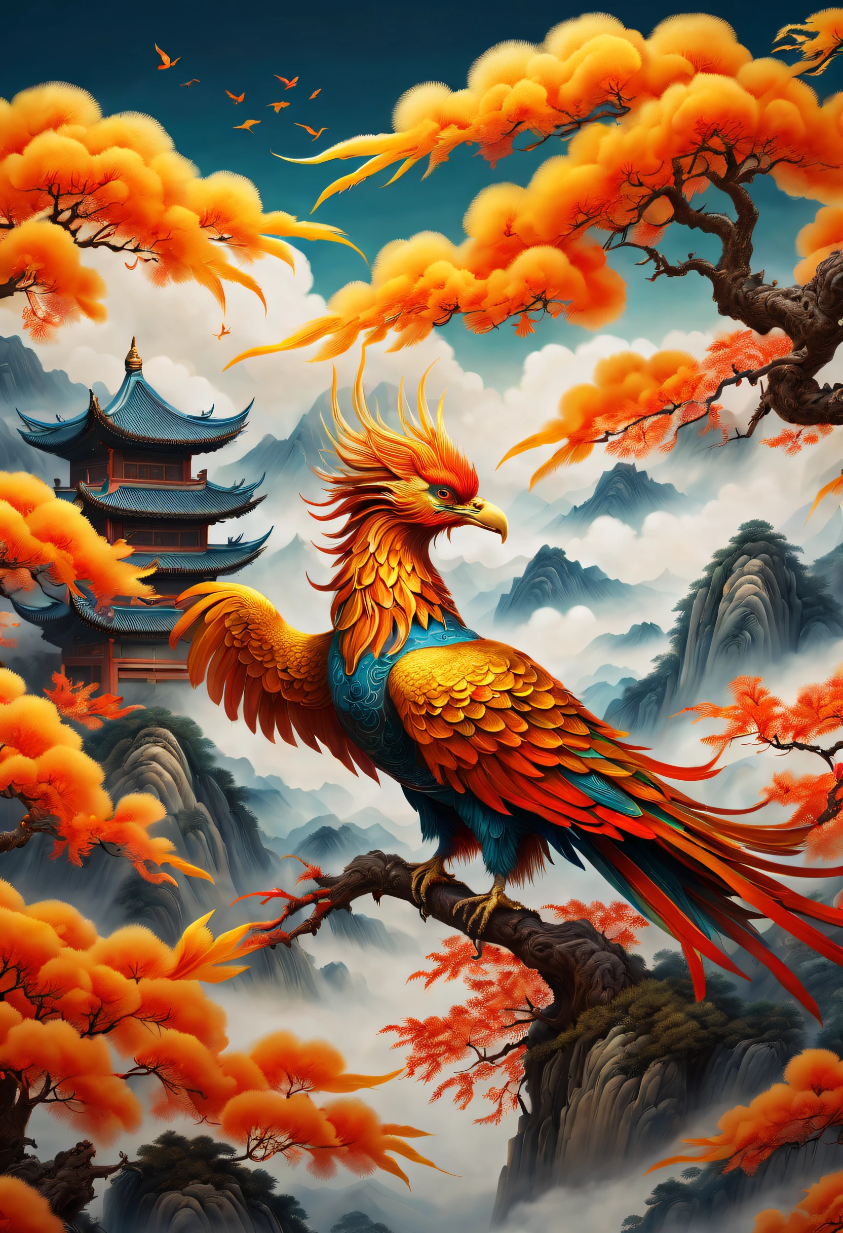 An ancient Chinese painting，There are glowing phoenixes on plane trees，fanciful，4K high quality and lifelike，mountain ranges， rios，Auspicious clouds，The feathers are colored，Dazzling，The long tail takes on colorful colors， super detailing， Epic composition， hyper HD， high qulity， extremely detaile， offcial art， 统一 8k 壁纸， super detailing， 32K