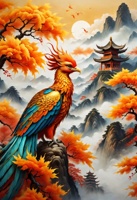 An ancient Chinese painting，There are glowing phoenixes on plane trees，fanciful，4K high quality and lifelike，mountain ranges， ri...
