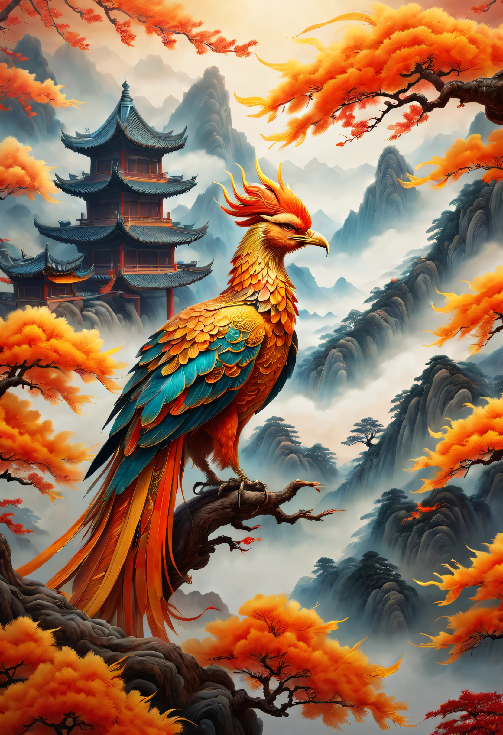 An ancient Chinese painting，There are glowing phoenixes on plane trees，fanciful，4K high quality and lifelike，mountain ranges， rivers，Auspicious clouds，The feathers are colored，Dazzling，The long tail takes on colorful colors， super detailing， Epic composition， hyper HD， high qulity， extremely detaile， offcial art， Unity 8k wallpaper， super detailing， 32K