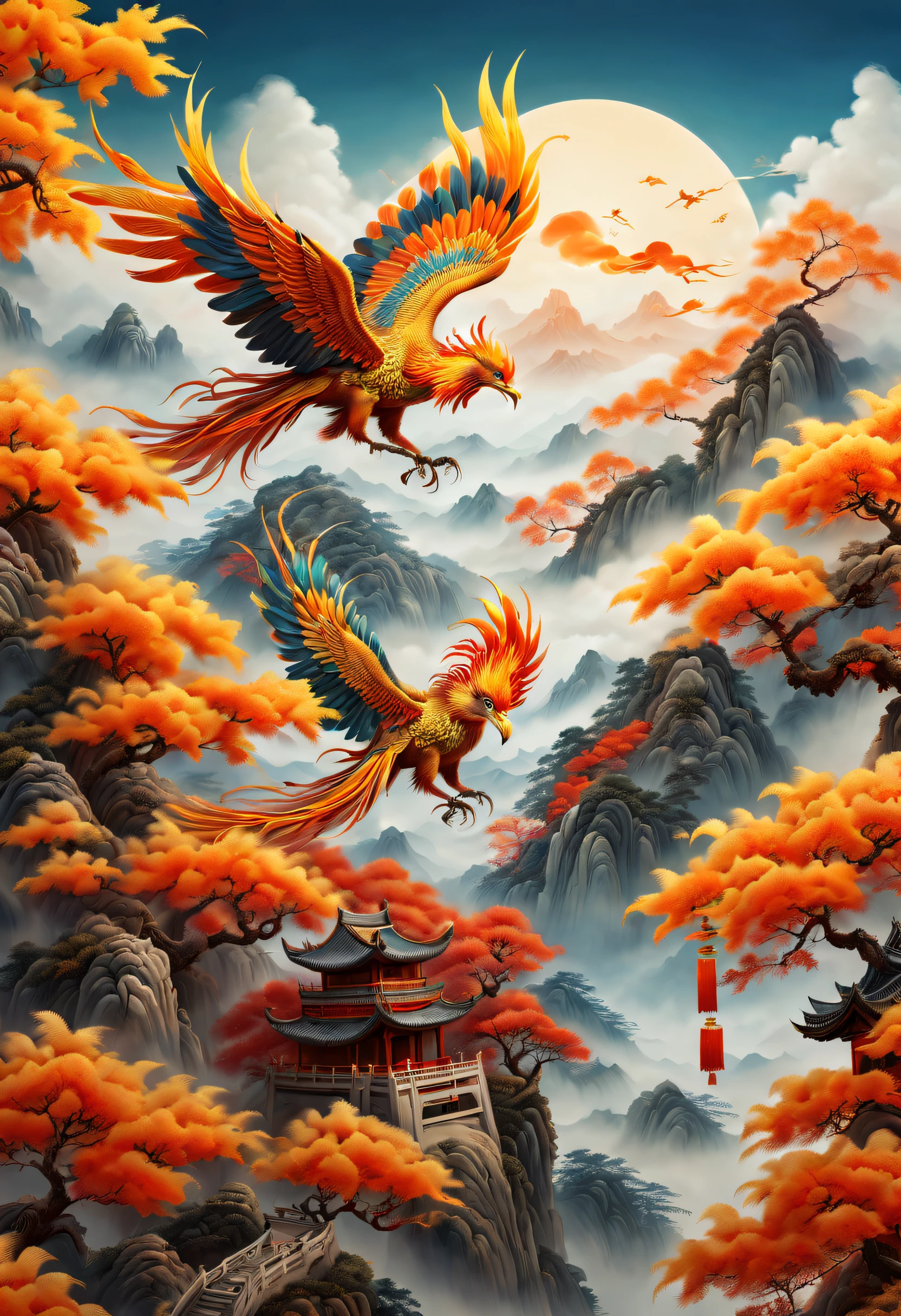 Una pintura china antigua，Hay fénix brillantes en los plátanos.，imaginario，4K de alta calidad y realista，Cadenas montañosas， rios，nubes auspiciosas，Las plumas son de colores.，deslumbrante，La larga cola adquiere colores coloridos.， súper detalles， composición épica， hiper alta definición， alta calidad， extremadamente detallado， arte oficial， fondo de pantalla de unidad 8k， súper detalles， 32k