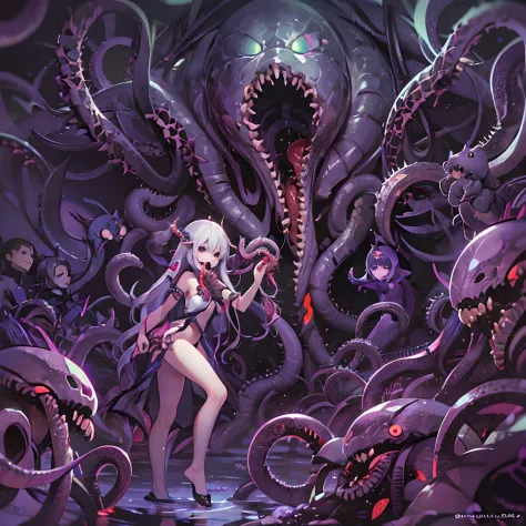 In the Zerg lair。Petite loli Zerg queen，The body is full of tentacles，Grab humans with tentacles，Tentacles reach into the human mouth，Suck on human nutrients，Breeding Zerg girls。