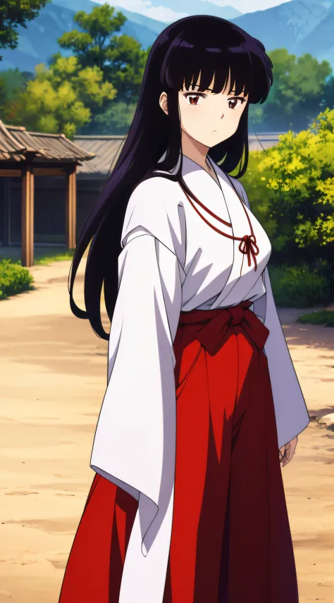 masterpiece, best quality, anime screeshot, a close photo of Kikyo, 1 girl, solo, standing, brown eyes, long hair, red hakama and white kimono, looking_at_viewer, expressionless, upper_body, ((Village background:1.0))