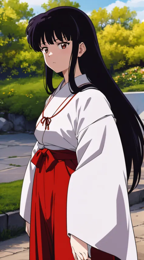 masterpiece, best quality, anime screeshot, a close photo of Kikyo, 1 girl, solo, standing, brown eyes, long hair, red hakama and white kimono, looking_at_viewer, expressionless, upper_body, ((Village background:1.0))