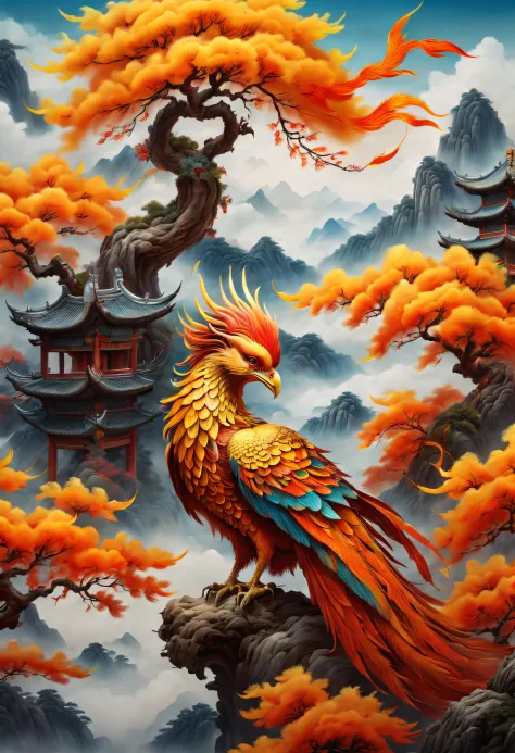 an ancient chinese painting，there are glowing phoenixes on plane trees，fanciful，4k high quality and lifelike，mountain ranges， ri...