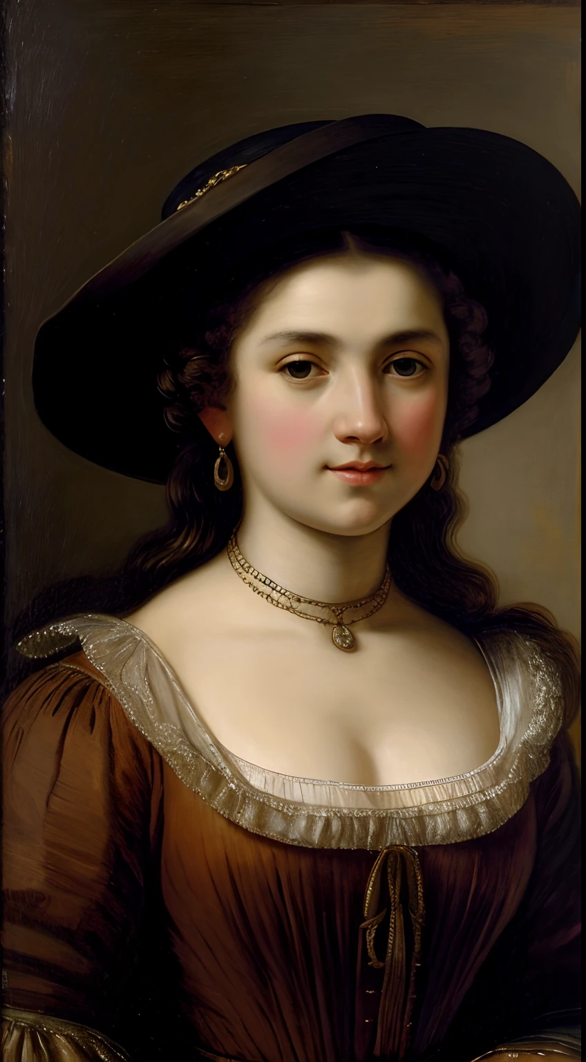 A painting of a woman wearing a hat and a brown dress - SeaArt AI