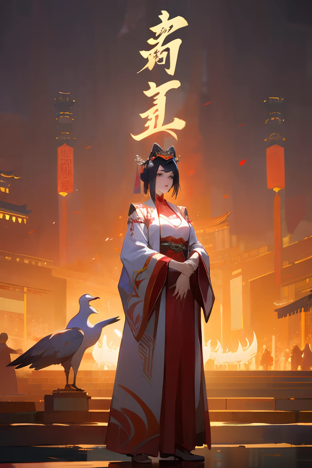 A girl in an ancient Chinese costume，white hanfu，Stand up，Decorated with white lanterns around， Chinese ancient city，Big Goose Ancient City， Lights of all homes