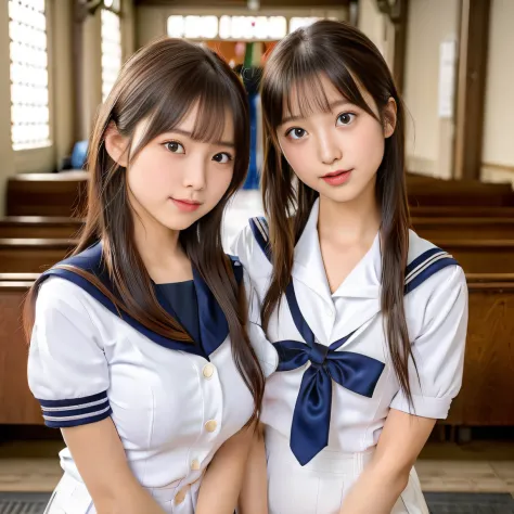 ((Two schoolgirls:1.5))、Beautiful 18 year old Japan woman, ((Two high school girls in short-sleeved white sailor suits: 1.5)), (...