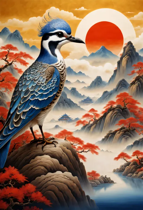 An ancient Chinese painting， Ancient Chinese background，1 Blue Plover，In the sun，Golden-red sun，mountain ranges， rios，Auspicious...