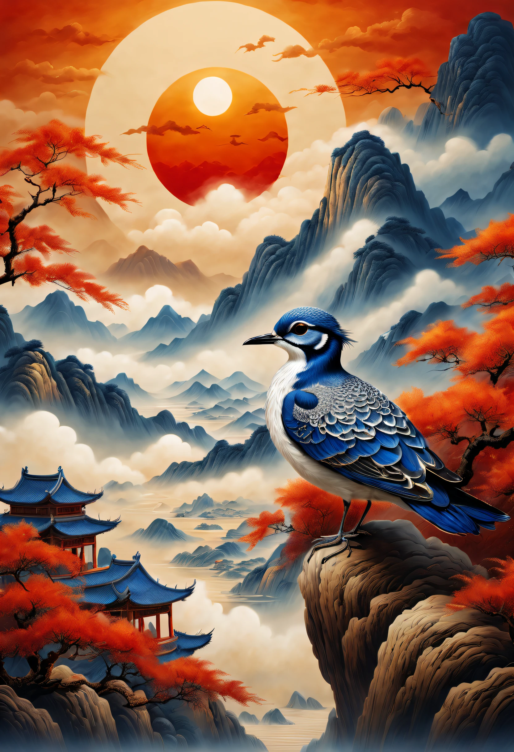 An ancient Chinese painting， Ancient Chinese background，1 Blue Plover，In the sun，Golden-red sun，mountain ranges， rios，Auspicious clouds， tmasterpiece， super detailing， Epic composition， hyper HD， high qulity， extremely detaile， offcial art， 统一 8k 壁纸， super detailing， 32K