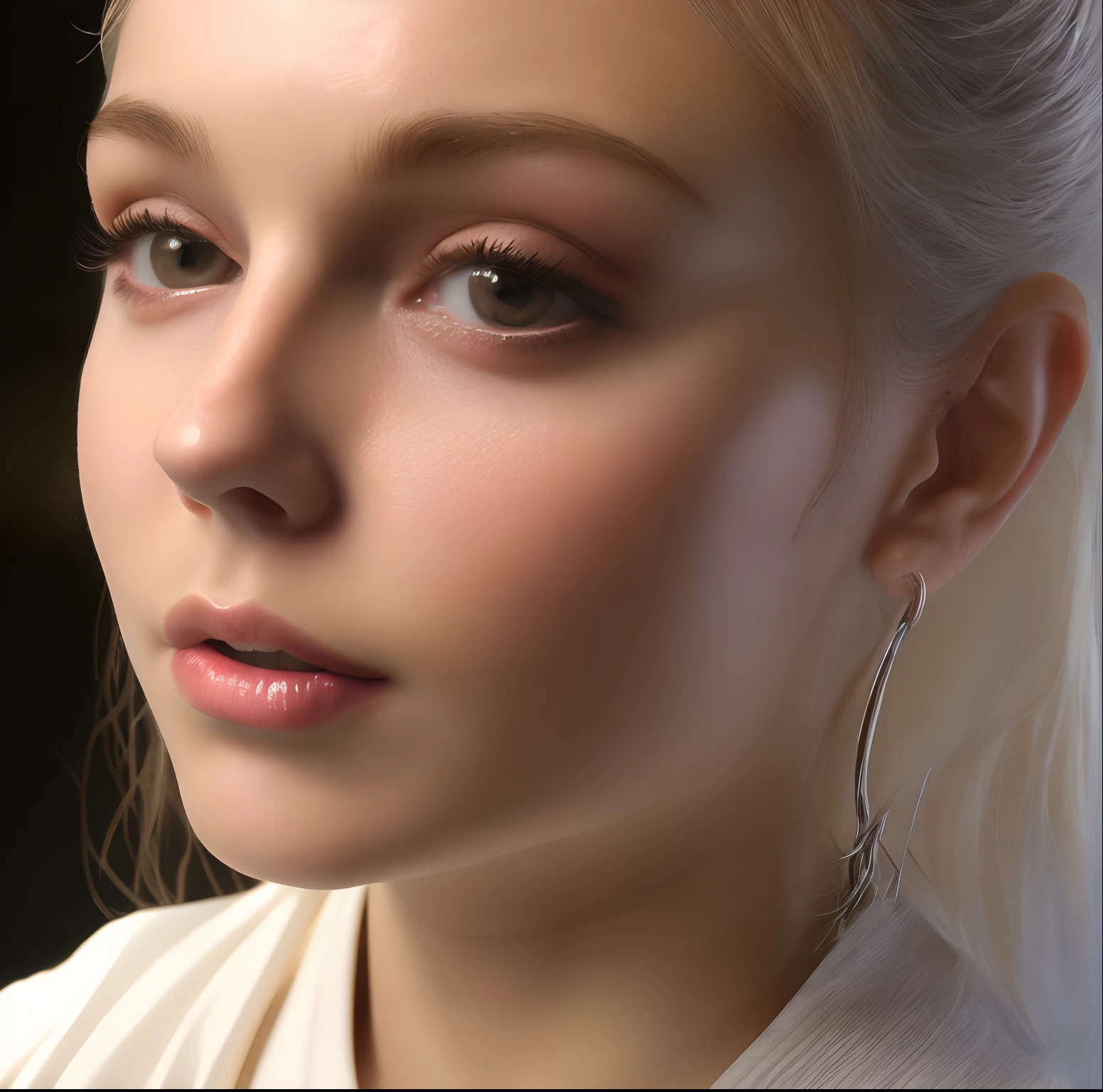 A close up of a woman with a white shirt and earrings - SeaArt AI