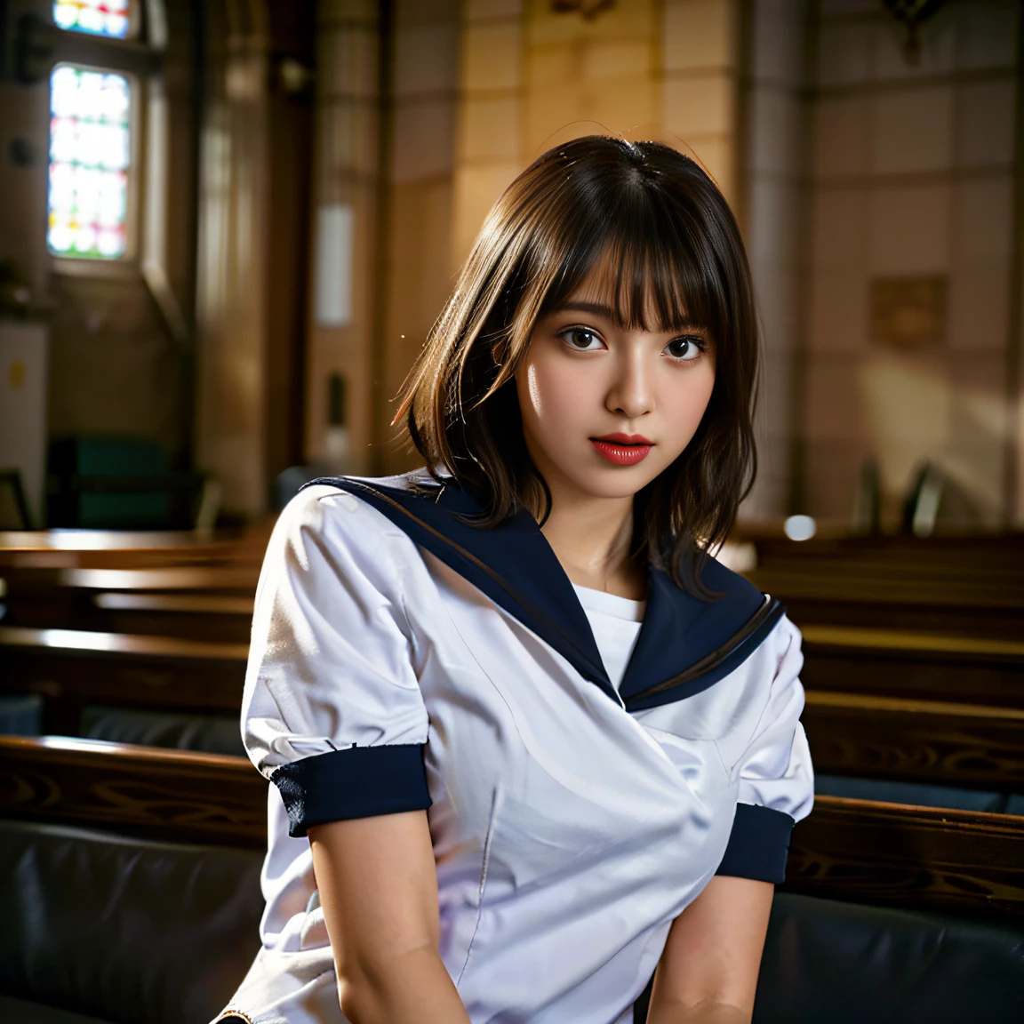 ((여학생 2명:1.5))、아름다운 18세 일본 여성, ((반팔 흰색 세일러복을 입은 여고생 2명: 1.5)), (일본 엄격한 여학교 세라복:1.5), ( 여학생 2명 sitting in a church pews:1.2), ((아름답고 정교한 스테인드글라스를 배경으로: 1.5)), ((1화면)), 8K, RAW 샷, 최고 품질의 사진, 걸작, 놀라운 사실주의 사진, ((해부학적으로 정확한 비율: 1.5)), ((완벽한 비율)), 일본의 아이돌 같은 귀여운 여자, 상세한 얼굴, 상세한 눈, 좁은 코, 상세한 손과 손가락 , 상세한 팔, 디테일한 피부, 상세한 다리, 짧은 몸통, 날씬한 몸매, (윤기 나는 긴 머리: 1.5), ((유니폼을 뚫을 것 같은 큰 가슴: 1.5)), (바디 핏 세일러 슈트:1.5)、(서로를 바라보는 여고생:1.5)、(긴 머리와 짧은 머리를 가진 여학생:1.5)、((포옹과 키스:1.2))