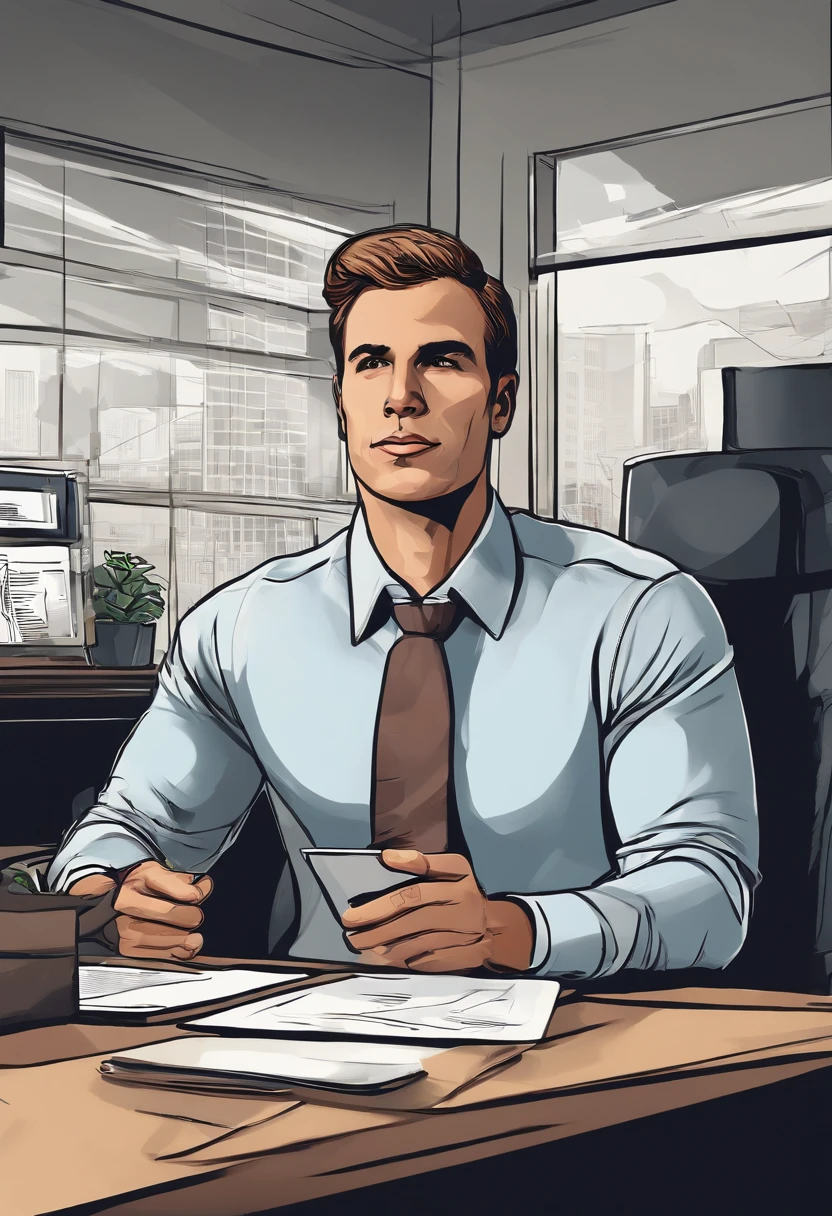 Show an image of a determined entrepreneur in a modern office, facing a series of setbacks and financial charts. The focus is on their unwavering commitment and resilience in the face of adversity. Cinematic Illustration, digital art with a strong emphasis on facial expression, --ar 16:9 --v 5