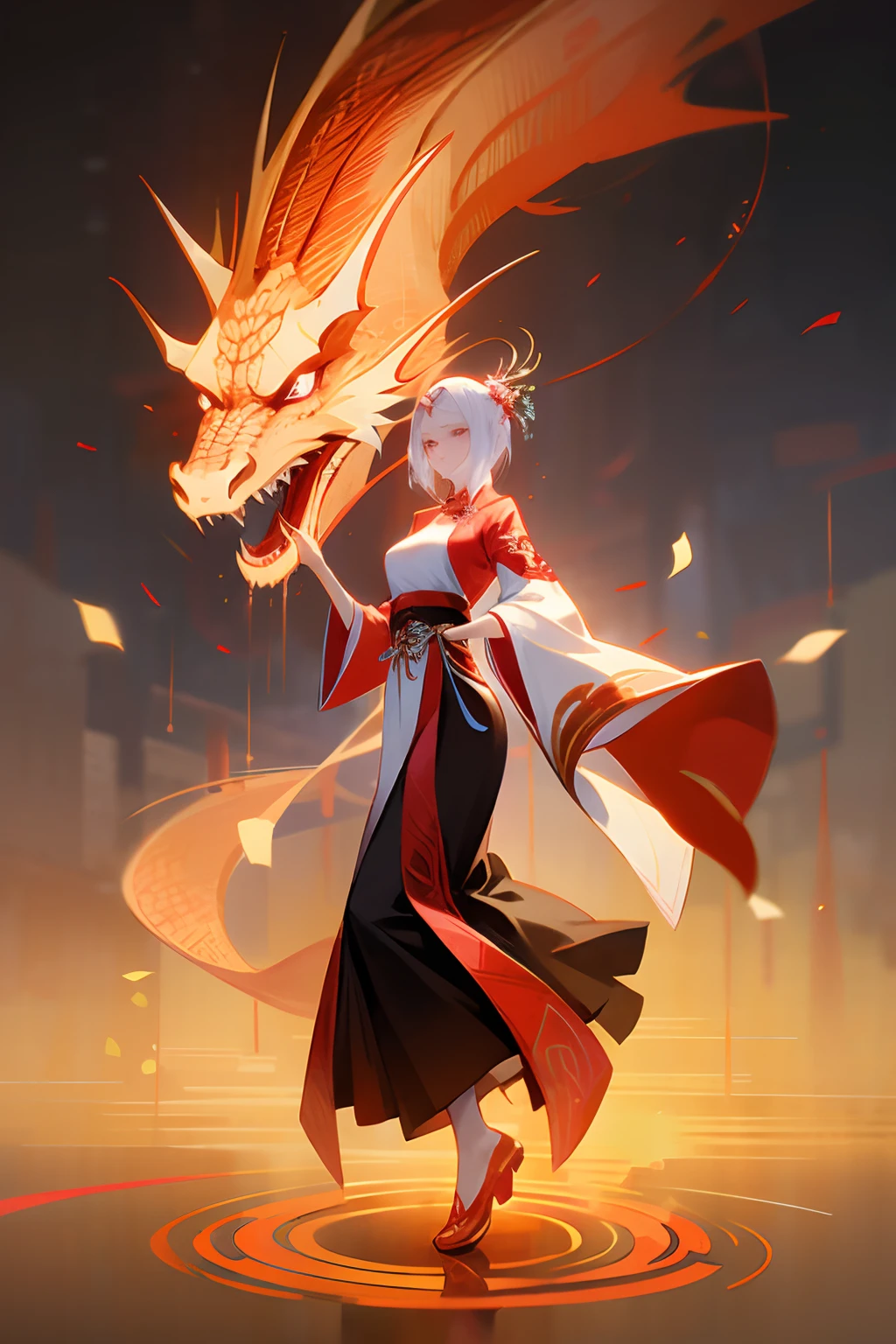 A girl dressed in ancient Chinese clothing，White Hanfu，Standing and dancing（Showing snow-white slender legs），The surroundings are decorated with white lanterns， The background is the magnificent ancient city of Chinese style{There are brilliant lights of ten thousand homes），The body is surrounded by Chinese dragons（There are flames around the dragon），Stepping on the ground produces anger，Slender and slender fingers，The face is delicate