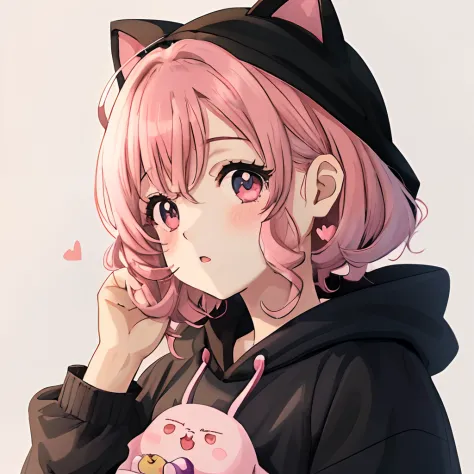 imagem de um personagem de anime para foto de perfil, Menina com cabelo cor-de-rosa, olhos cor-de-rosa, moletom preto grande, bo...