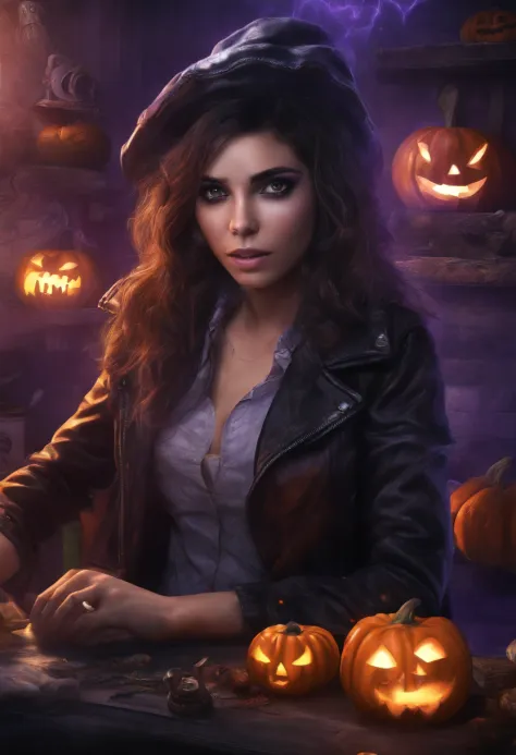 Halloween themed presentation cover and video game in purple, black, orange and blue colors with a brunette girl playing
