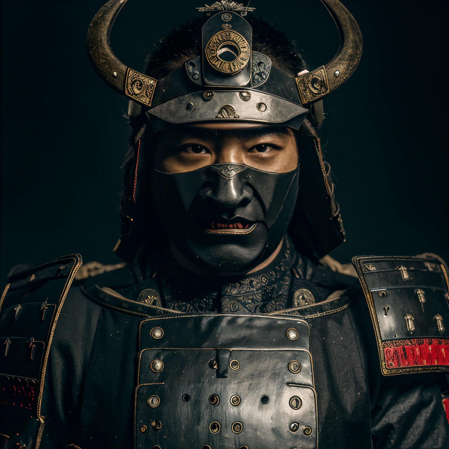 Close-up of a 사무라이 with a helmet and a sword, 사무라이 전사, 서사시 사무라이 전사, 사무라이의 초상화, 사무라이 스타일, cyborg 사무라이, demon 사무라이 warrior, Japanese 사무라이, 데몬 사무라이, A 사무라이 with a demonic mask, Ancient Japanese 사무라이, 블랙불 사무라이, 일본 전사, 봉건 예술, 사무라이, as a 사무라이, 사무라이 마스크, 마스크에 사무라이 비닐 필름, 역사 , 대칭, 현실적인, 남성, 어두운 데에서, 검정색과 흰색