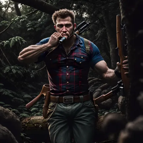 Lumberjack wielding a shotgun with a pipe in his mouth