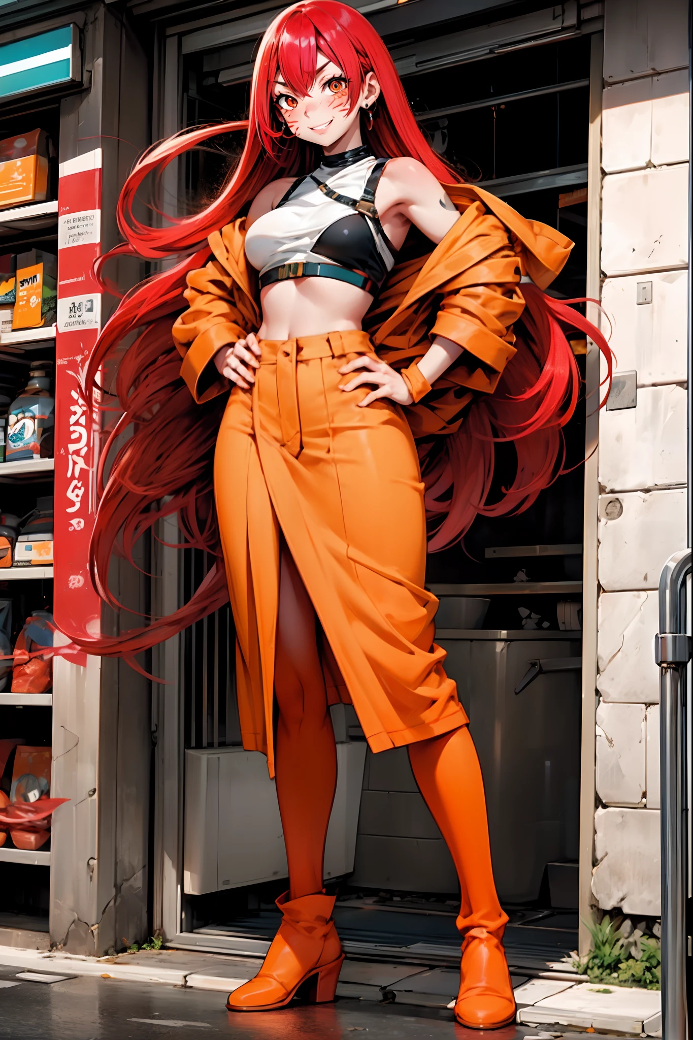 lava, red hair, orange eyes, prisoner cloths, medium breast, smile, facial mark, long hair, standing solo, full body, boots