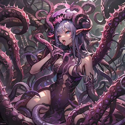 In the Zerg lair。Petite loli Zerg queen，The body is full of tentacles，Grab humans with tentacles，Tentacles reach into the human mouth，Suck on human nutrients，Breeding Zerg girls。