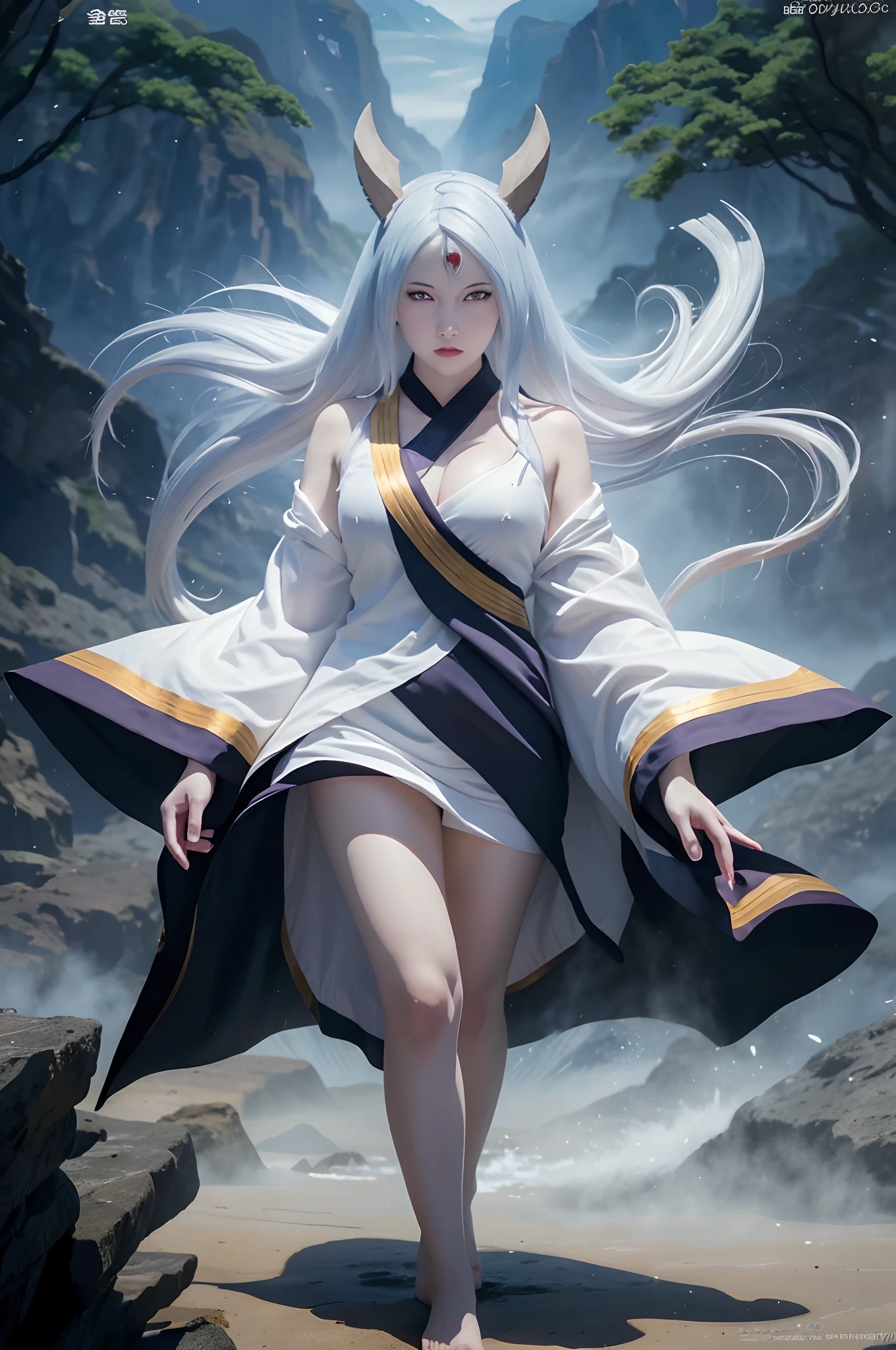 a girl with horns and a white robe showing breasts walking in the water, cleavage, kaguya otsusuki, white haired god, white skin color, white colored skin, white colored body skin, onmyoji, onmyoji detail art, onmyoji portrait, anime epic artwork, works anime fantasy art, anime fantasy illustration, anime art, advanced digital anime art, digital anime art, anime artwork, 4k anime style, anime style artwork, anime style digital art, anime character art, kaguya otsusuki from naruto