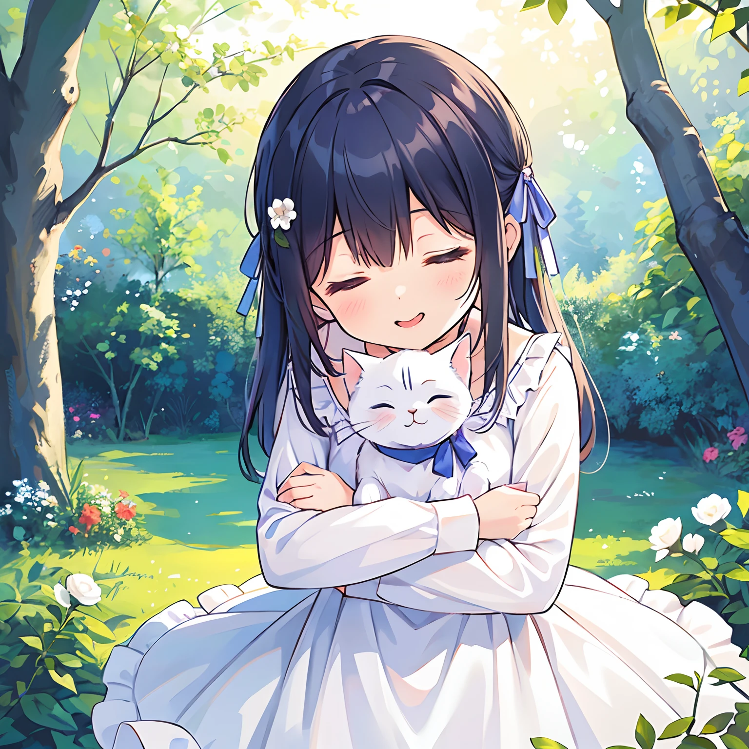 1 girl, solo, best quality, ultra detailed, , (happy:1.4), closed eyes,
from front, from below, portrait, hugging the kitten, \(kitten has its mouth closed\),
white dress, blue ribbon, long sleeves, standing,
in the forest, flower garden, warm sunlight filtering through trees