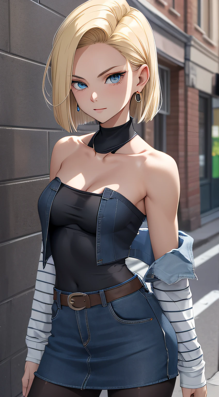 beste Qualität, highres, UND18, 1 Mädchen, android 18, Allein, blondes Haar, blaue Augen, kurzes Haar, Ohrringe, Schmuck, Jeanskleid, offene Weste, schwarze Strumpfhose, schwarzes Shirt, Jeansrock, gestreifte lange Ärmel, blauer Rock, mittlere Brüste, Cowboy-Schuss, Straße,  (Äußerlich erweiterte Brust:1.2), (trägerlos:1.2), weg von der Schulter,