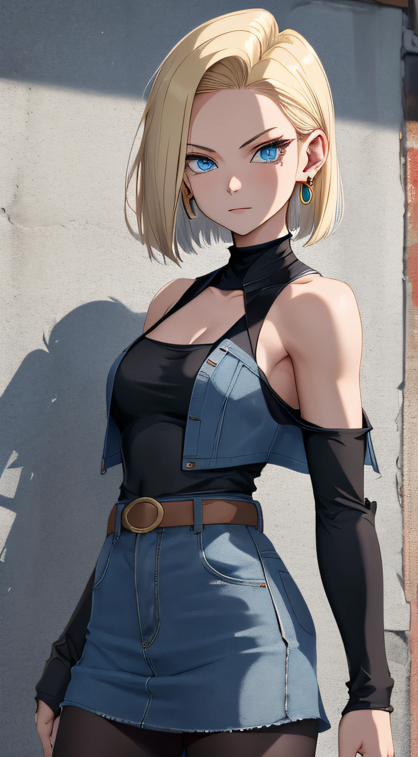 best quality, highres, and18, 1girl, android 18, solo, blonde hair, blue eyes, short hair, earrings, jewelry, denim vest, open vest, black pantyhose, black shirt, denim skirt, striped long sleeves, blue skirt, medium breasts, cowboy shot, street,  (Externally expanded Chest:1.2), (Strapless:1.2), off-the-shoulder,