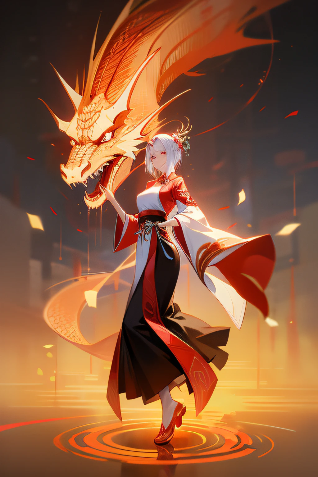 A girl dressed in ancient Chinese clothing，White Hanfu，Standing and dancing（Showing snow-white slender legs），The surroundings are decorated with white lanterns， The background is the magnificent ancient city of Chinese style{There are brilliant lights of ten thousand homes），The body is surrounded by Chinese dragons（There are flames around the dragon），Stepping on the ground produces anger，Slender and slender fingers，The face is delicate