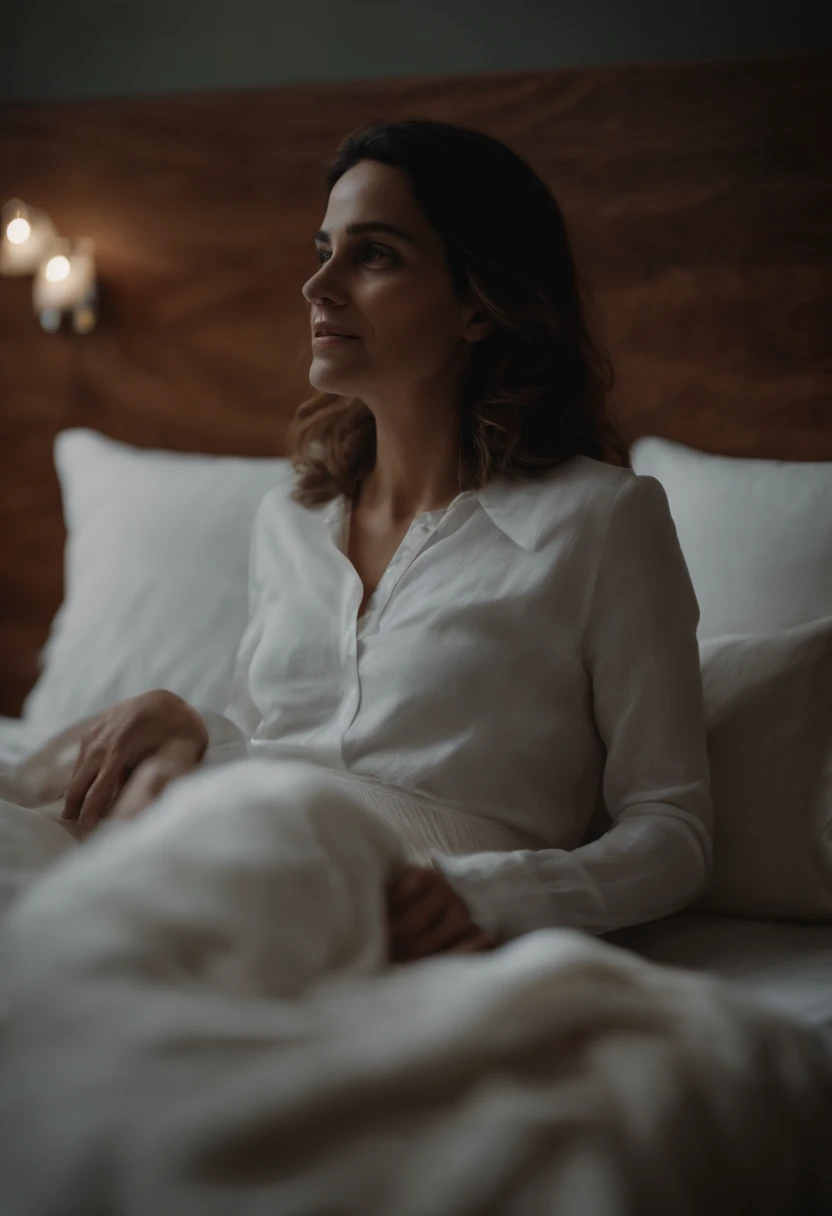 Woman in white shirt sitting on bed with white sheets and pillows - SeaArt  AI