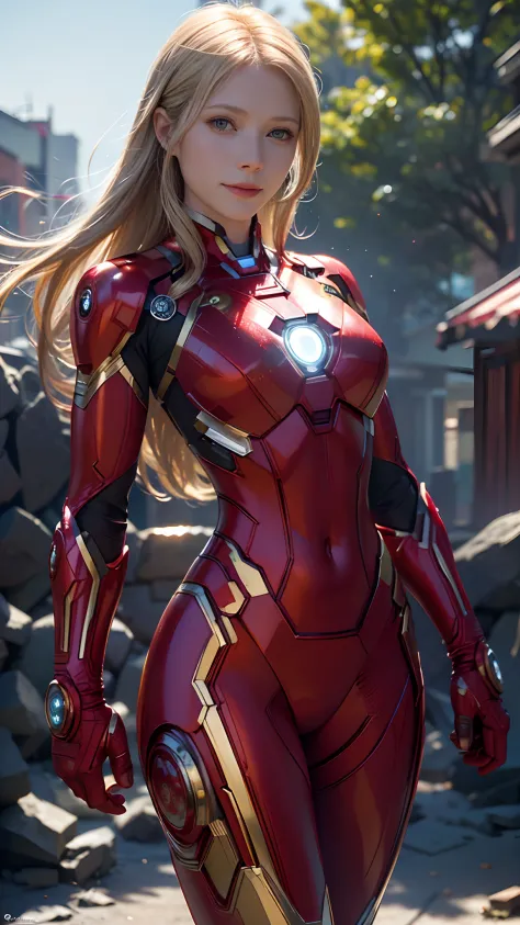 1girl, Gwyneth Paltrow as  Ironman (from marvel studios), red Ironman suit (holding your helmet), smile, look at viewer, (master...