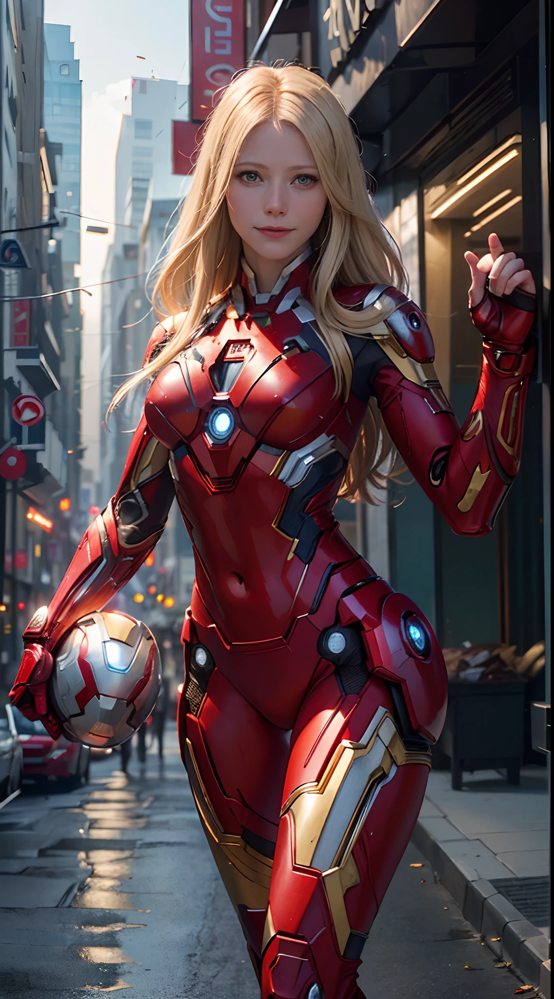 1girl, Gwyneth Paltrow as  Ironman (from marvel studios), red Ironman suit (holding your helmet), smile, look at viewer, (masterpiece, best quality, detailed cloth texture, beautiful detailed face, intricate details, ultra detailed),  blonde hair, dynamic pose, (random angles), (Best quality, A high resolution, Photorealistic, primitive, buildings destroyed, abstract background, (8K,Masterpiece, ),Best quality, Masterpiec8K.hdr. High ribs:1.2, filmgrain, Blur bokeh:1.2, Lens flare, (vivd colour:1.2), (Delicate),