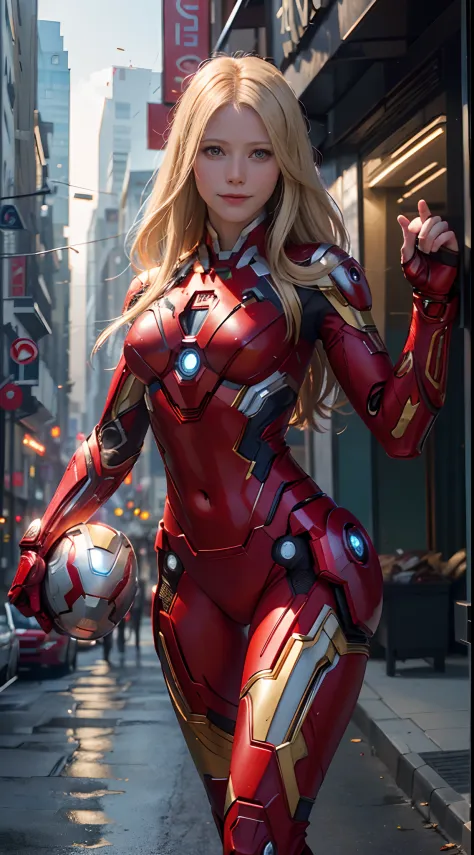 1girl, Gwyneth Paltrow as  Ironman (from marvel studios), red Ironman suit (holding your helmet), smile, look at viewer, (master...