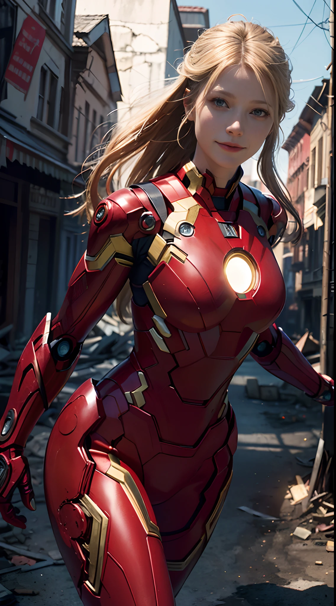 1fille, Gwyneth Paltrow dans le rôle d&#39;Ironman (des studios Marvel), costume Ironman rouge (tenant ton casque), sourire, regarde le spectateur, (chef-d&#39;œuvre, Meilleure qualité, texture de tissu détaillée, beau visage détaillé, détails complexes, ultra détaillé),  cheveux blond, pose dynamique, (angles aléatoires), (Meilleure qualité, Une haute résolution, Photoréaliste, primitif, bâtiments détruits, fond abstrait, (8k,chef-d&#39;œuvre, ),Meilleure qualité, Masterpiec8k.HDR. Côtes hautes:1.2, grain de film, Flou bokeh:1.2, reflet, (couleur vive:1.2), (délicat),