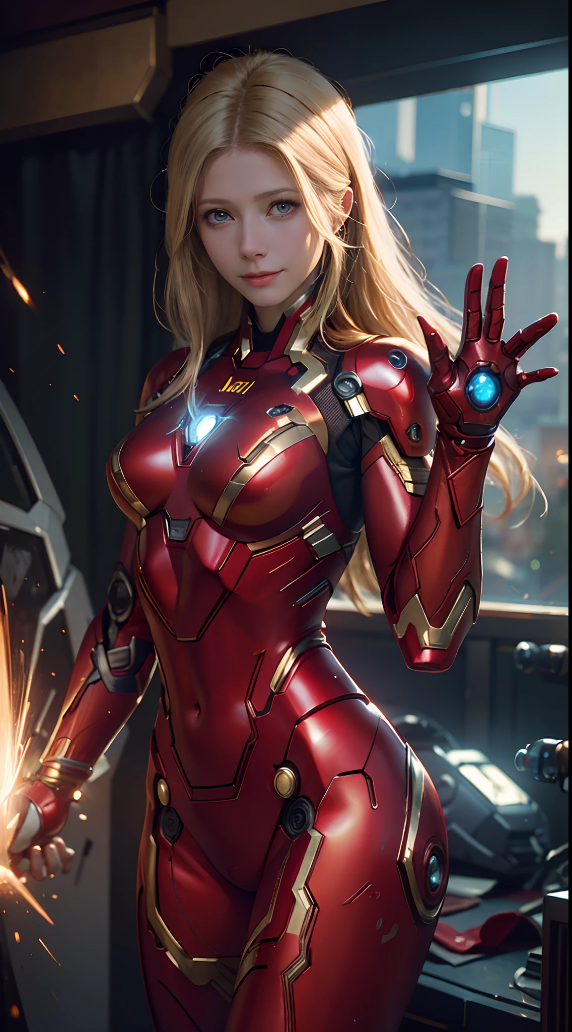 1girl, Gwyneth Paltrow as  Ironman (from marvel studios), red Ironman suit (holding your helmet), smile, look at viewer, (masterpiece, best quality, detailed cloth texture, beautiful detailed face, intricate details, ultra detailed),  blonde hair, dynamic pose, (random angles), (Best quality, A high resolution, Photorealistic, primitive, buildings destroyed, abstract background, (8K,Masterpiece, ),Best quality, Masterpiec8K.hdr. High ribs:1.2, filmgrain, Blur bokeh:1.2, Lens flare, (vivd colour:1.2), (Delicate),