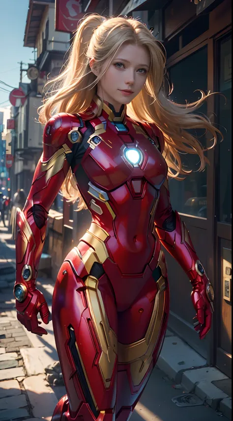 1girl, Gwyneth Paltrow as  Ironman (from marvel studios), red Ironman suit (holding your helmet), smile, look at viewer, (masterpiece, best quality, detailed cloth texture, beautiful detailed face, intricate details, ultra detailed),  blonde hair, dynamic ...