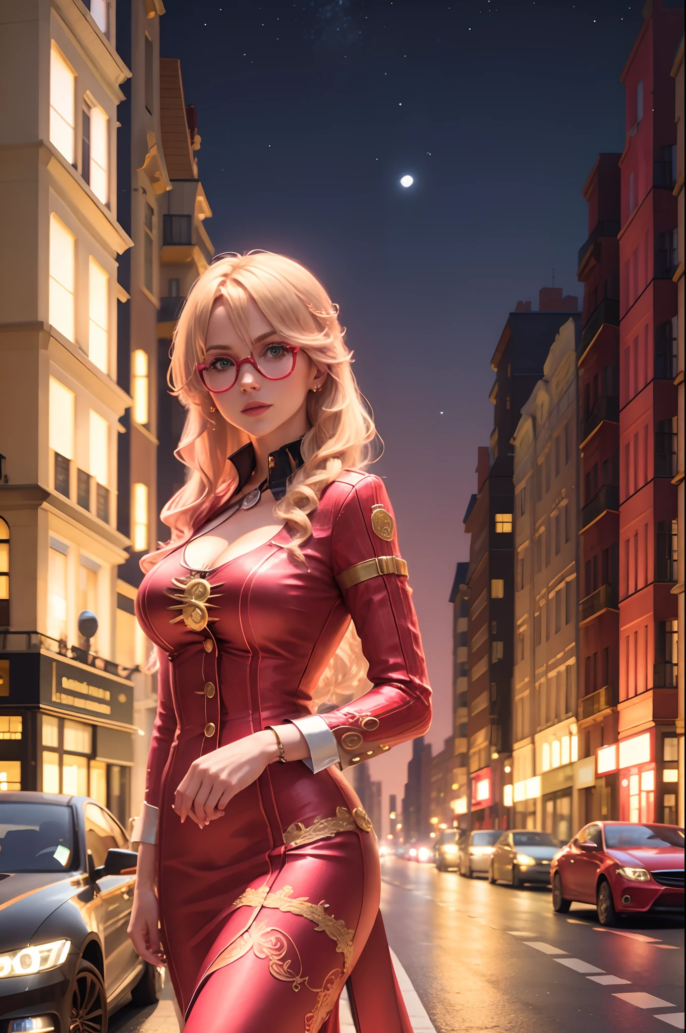 a blonde woman in red dress with pink shades, in the city, at night, lots of buildings and cars, masterpiece, intricated details