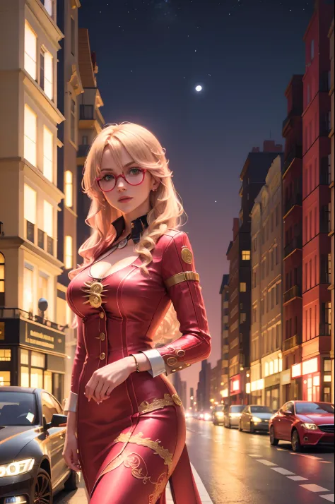 a blonde woman in red dress with pink shades, in the city, at night, lots of buildings and cars, masterpiece, intricated details