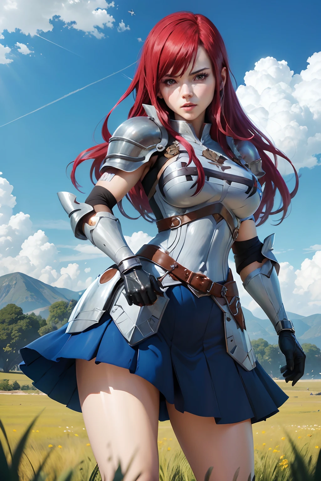 ((Hyper realistic character)), (25 year old Erza Scarlet), Fairy Tail, ((facing, (fully body), perfectbody, intricate body)), legs thick, long hair, Red hair, ((Silver armor)), (blue skirt),  shoulders showing, legs showing, long socks, /hyper realist, extreme quality, maximum details, max quality, Hyper realistic Cinematic lighting/