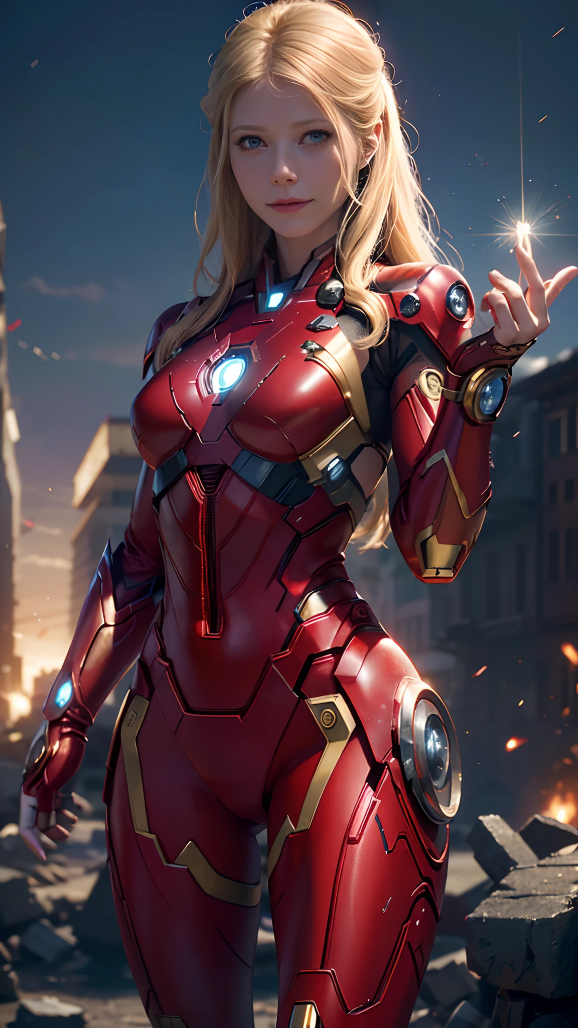 1girl, Gwyneth Paltrow as  Ironman (from marvel studios), red Ironman suit (holding your helmet), smile, look at viewer, (masterpiece, best quality, detailed cloth texture, beautiful detailed face, intricate details, ultra detailed),  blonde hair, (random pose) (random angles), (Best quality, A high resolution, Photorealistic, primitive, buildings destroyed, abstract background, (8K,Masterpiece, ),Best quality, Masterpiec8K.hdr. High ribs:1.2, filmgrain, Blur bokeh:1.2, Lens flare, (vivd colour:1.2), (Delicate),