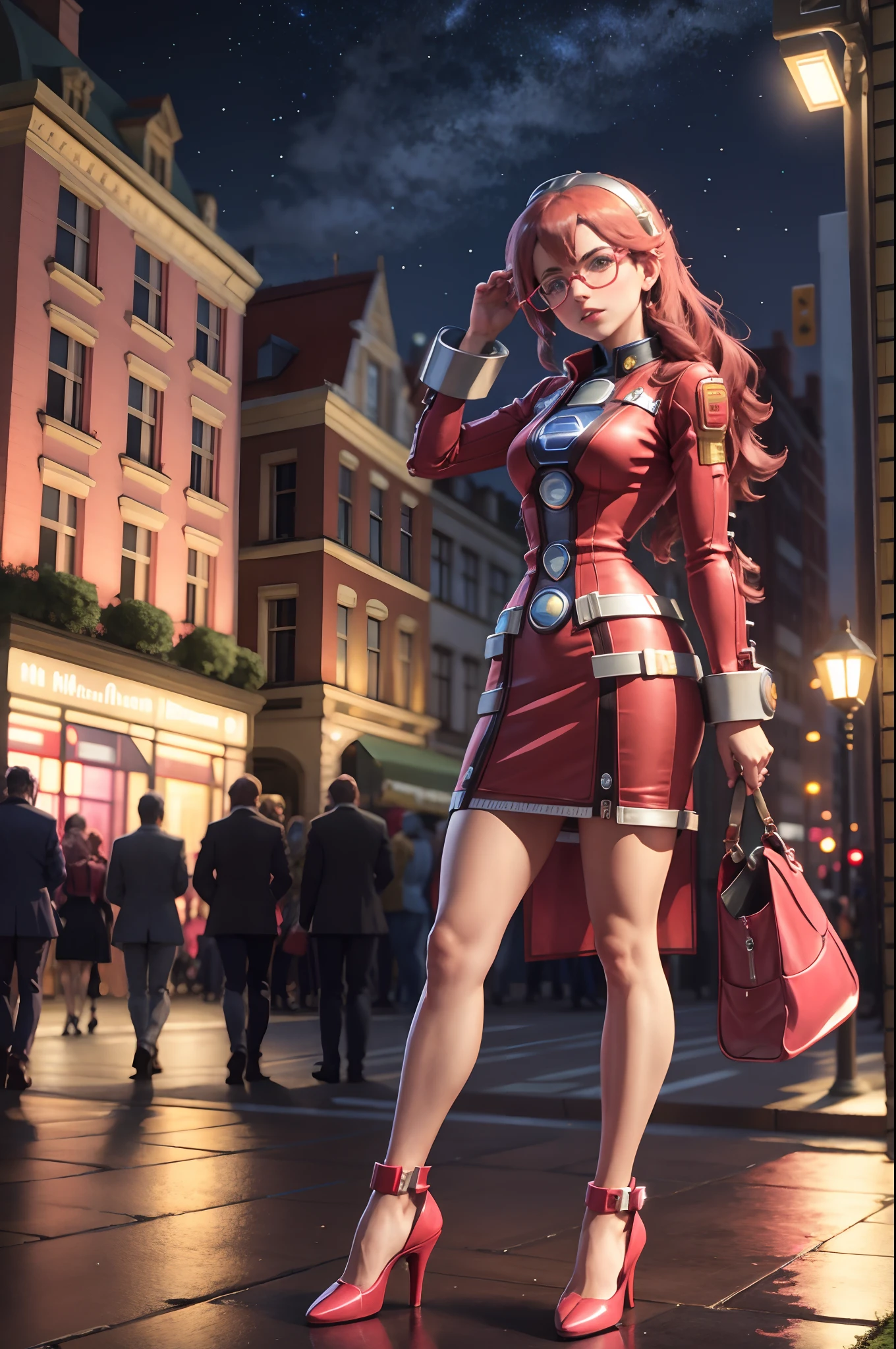 Emma Millstein megaman in red dress with pink shades, in the city, at night, lots of buildings and cars, masterpiece, intricated details