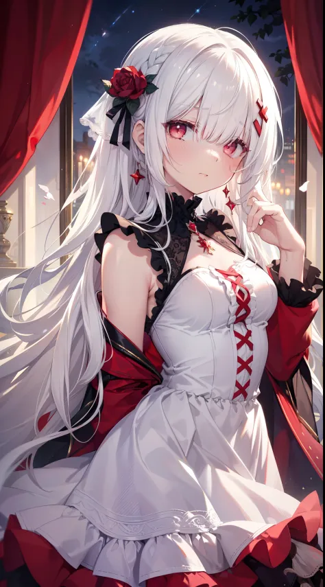 (limited palette), best quality, (((masterpiece))), (((beautiful detailed hair))), (((beautiful detailed skin))), solo, little girl, younger, loli, (((white hair))), red eyes, (mascara), blunt bangs, ((hair over eyes)), long hair, medium breasts, frilled w...