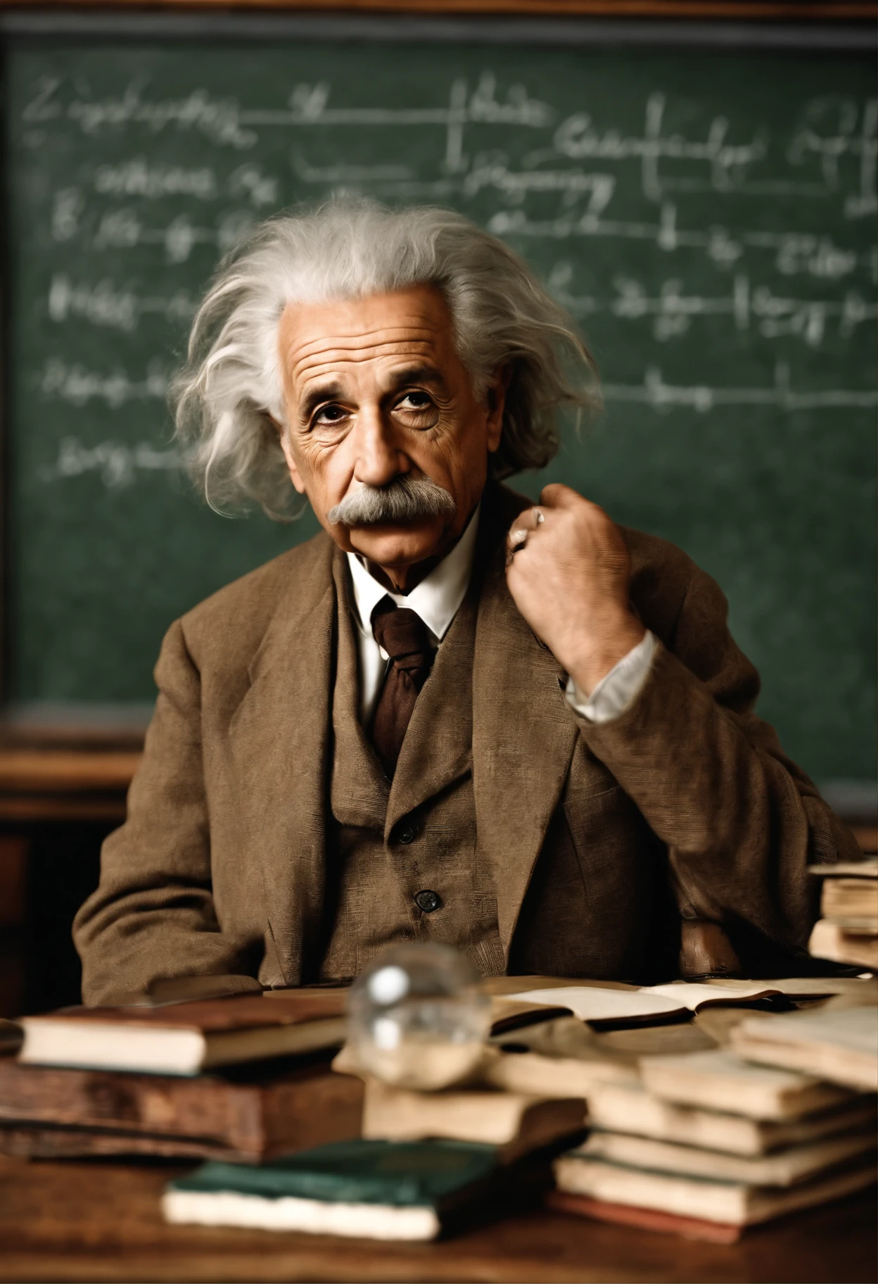 Albert einstein sitting at a desk with books and a chalkboard seaart ai